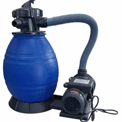Blue sand filter and pump system on a white background